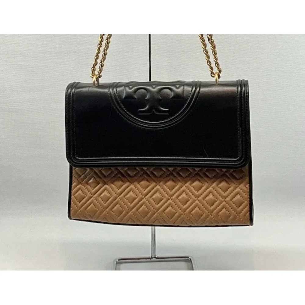 Tory Burch Fleming Quilted Colorblock Convertible Leather Shoulder Bag Black Tan